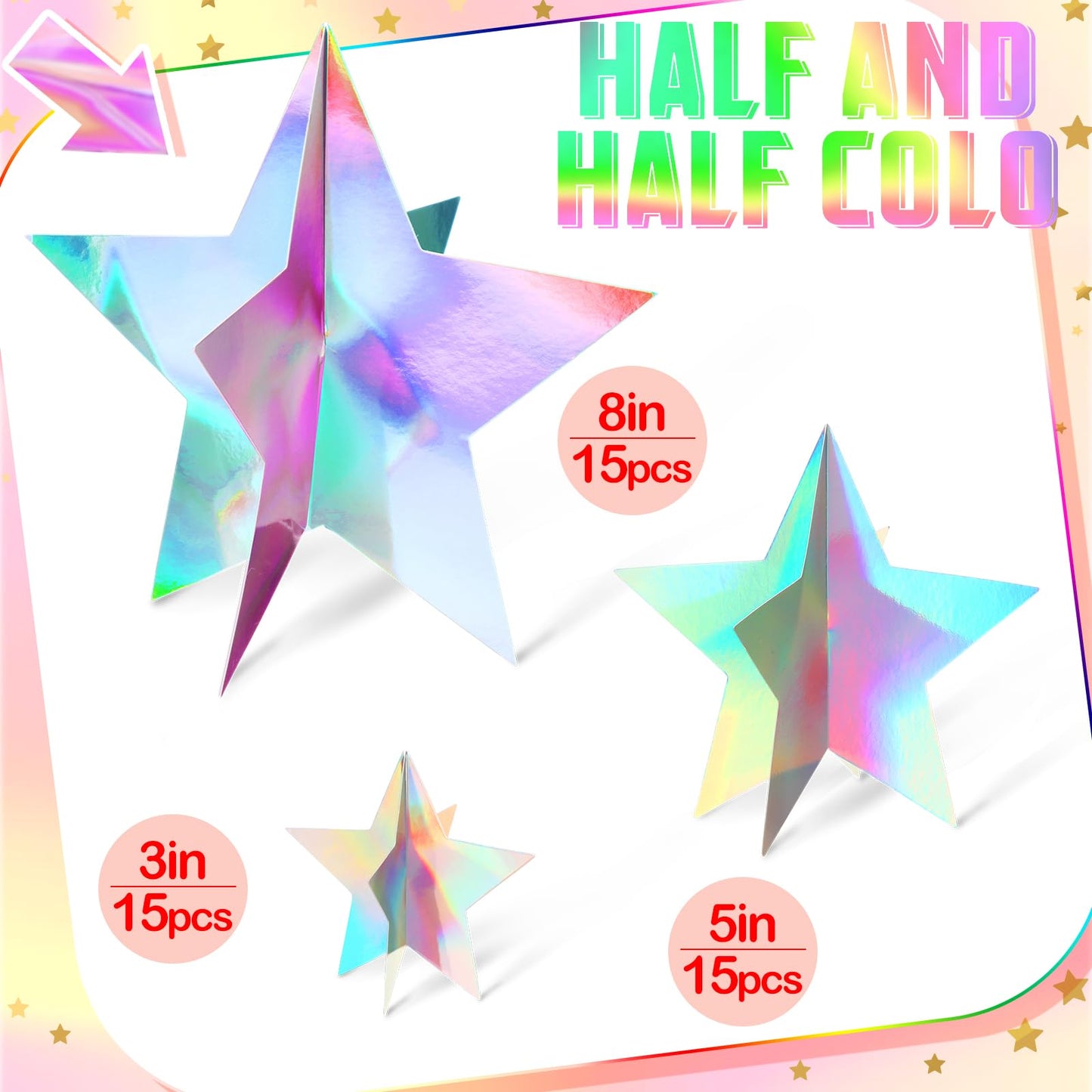 Sinload 45 Pcs 3D Glitter Iridescent Star Decorations 3 Sizes Holographic Star Standing Hanging Centerpieces for Back to School Disco Karaoke Music Wedding Mermaid Birthday Starry Movie Night Party