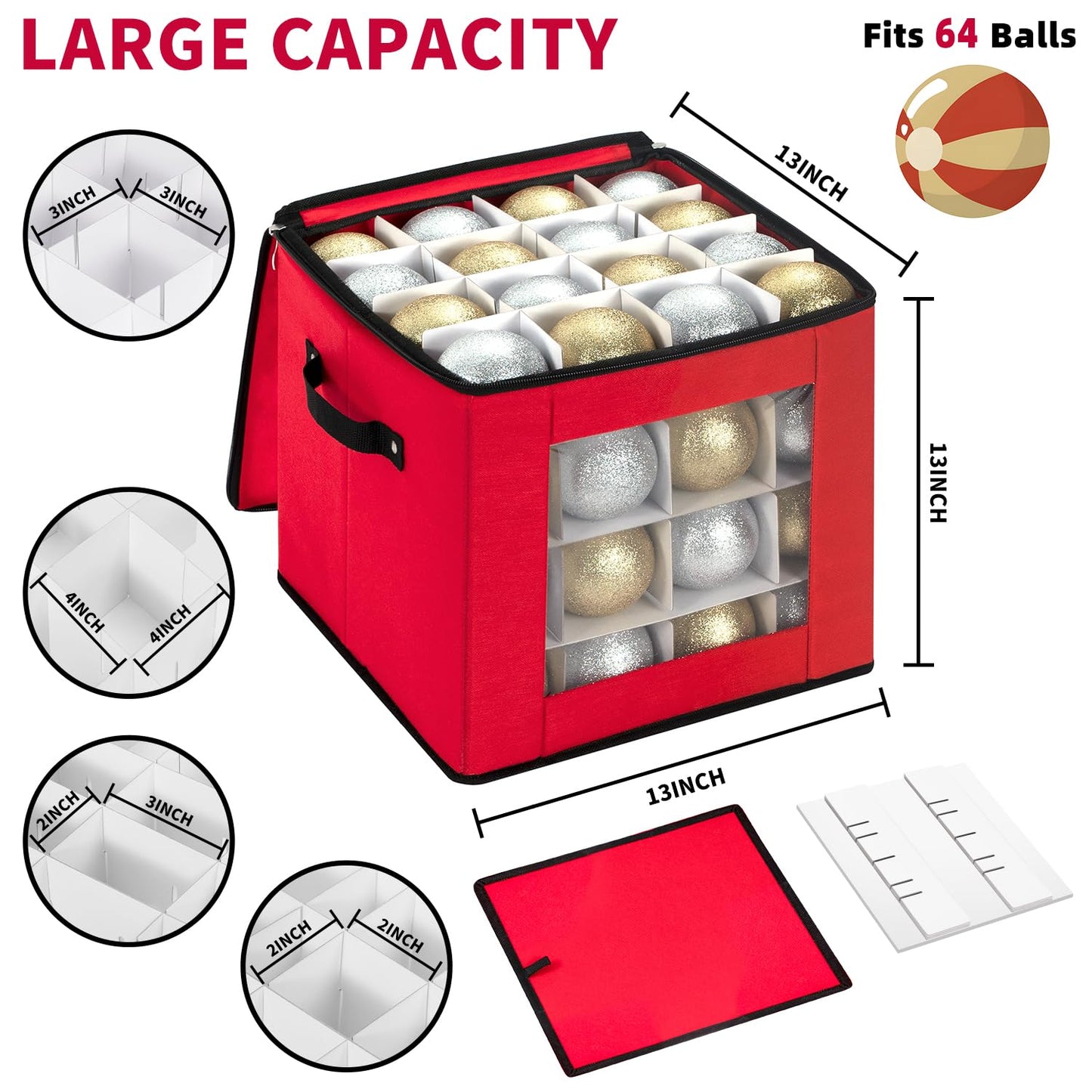 DIMESHY Christmas Ornament Storage Box With Adjustable Dividers,Ornament Storage Container with Two Handles for 64Holiday Decorations,Red