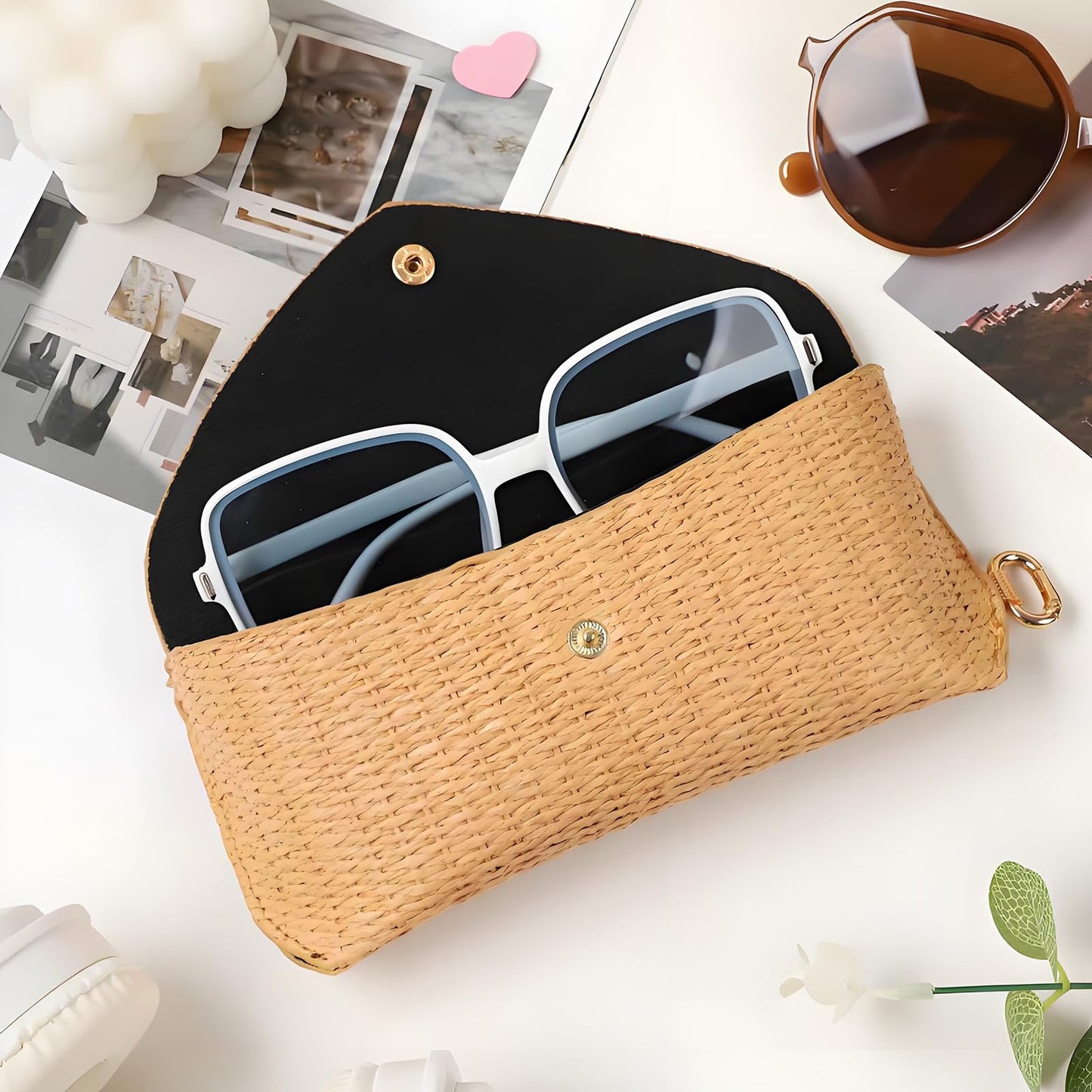 kytasryl Soft Leather Sunglasses Bag,Travel Sunglass Holder Eyeglass Case Portable Slim Sunglasses Pouch (Woven Straw)