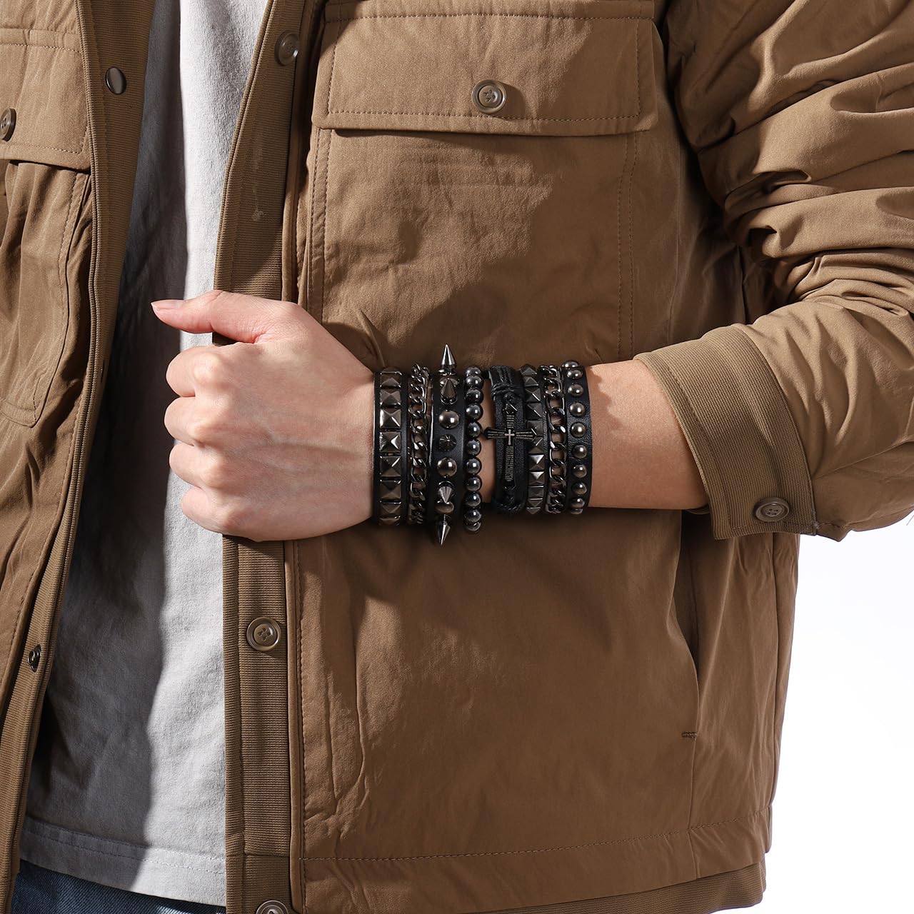 Eigso Punk Cross Leather Cuff Bracelets for Men Women Retro Vintage Chain Bracelet Set for Man Woman
