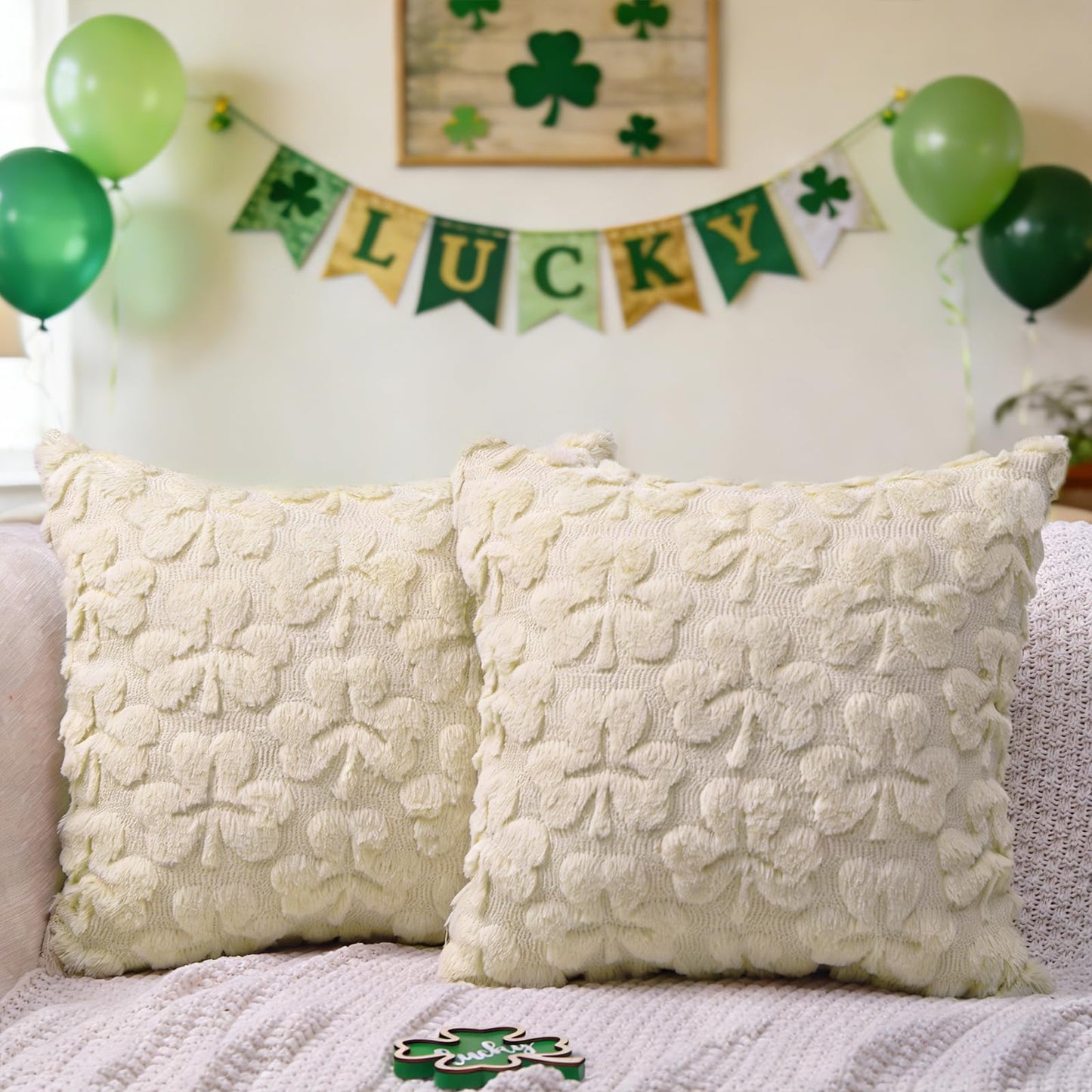 Heirloom Haven St Patrick’s Day Pillow Covers Set of 2,Beige Shamrock Irish Soft Plush Fluffy Faux Fur Jacquard Decorative Holiday Farmhouse Cushion Case for Sofa 20 x 20 Inch
