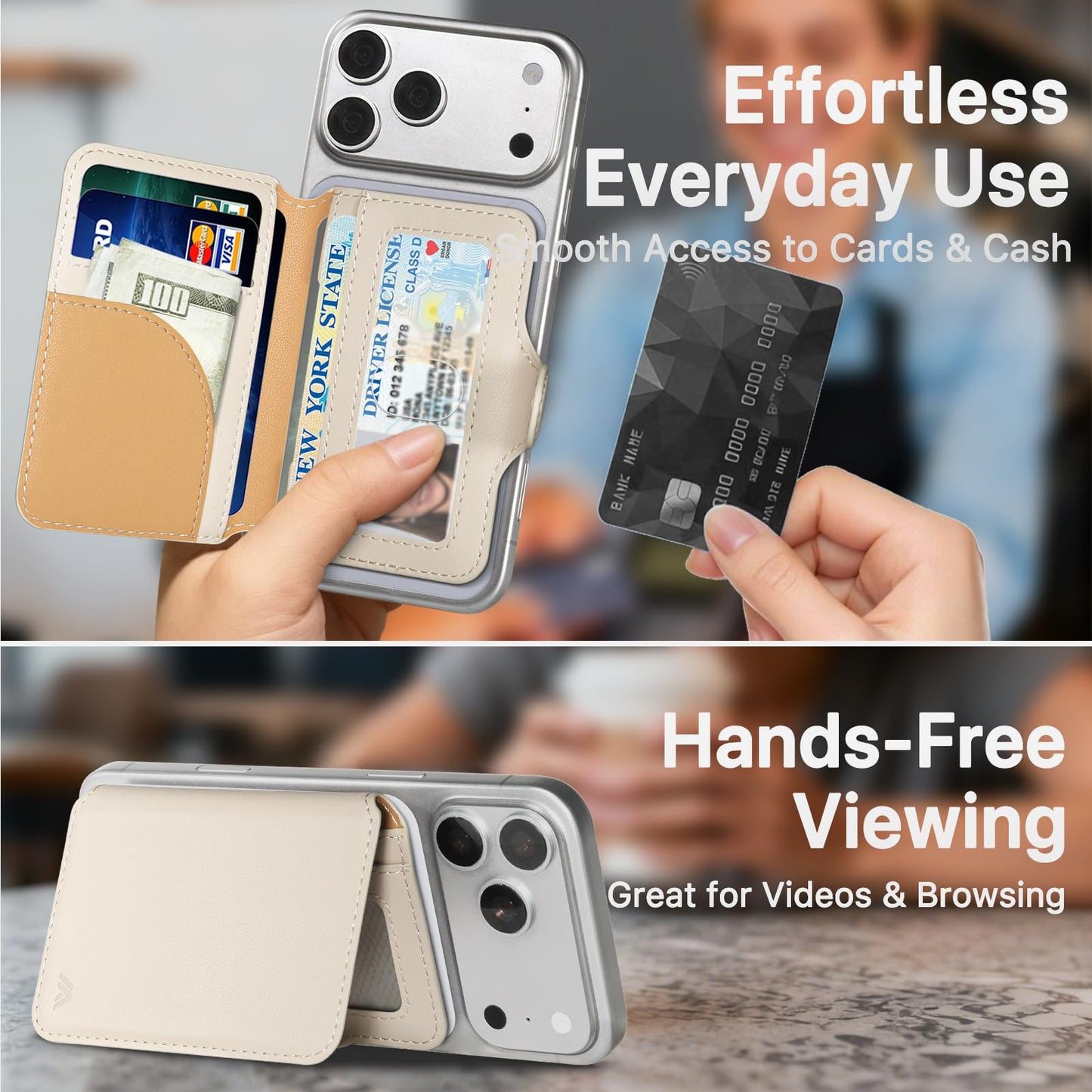 MEFON for MagSafe Wallet, Magnetic Phone Wallet RFID Blocking, Slim 5-8 Card Holder with Cash Slot & Clear ID Window, Minimalist Mag Safe Wallets for iPhone 17/16/15/14/13/12 Series, Oatmeal Beige