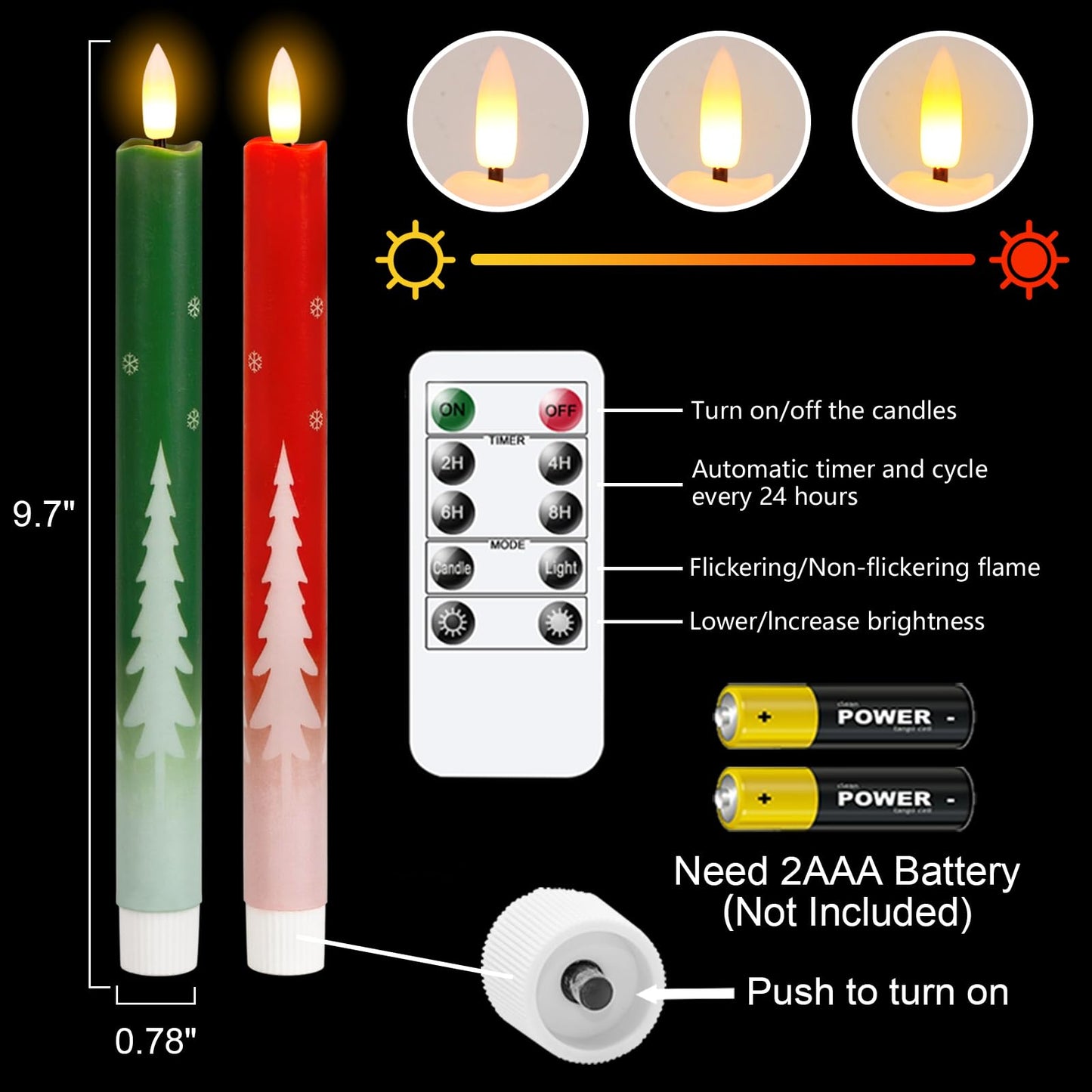 Wondise Christmas Flameless Taper Candles with Remote Timer, Real Wax Battery Operated Candles 3D Wick with Christmas Tree Decals for Christmas Thanksgiving Home Decoration(4Pack