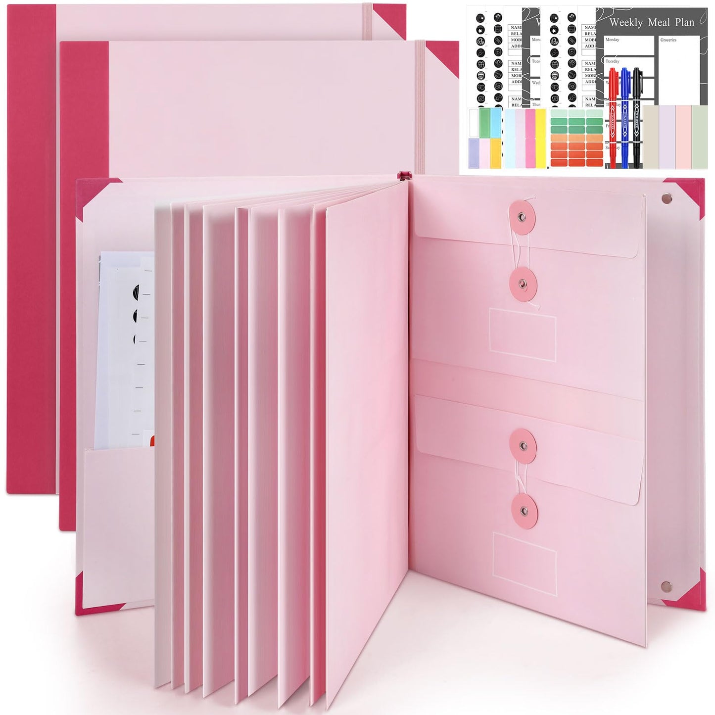 LemonSecret 2 Pack Important Document Organizer, Expanding File Binder with Sticky Notes, Paper Clips, Markers, Emergency Binder Folder for Important Papers, Certificates, Passport, Lifebook(Pink)