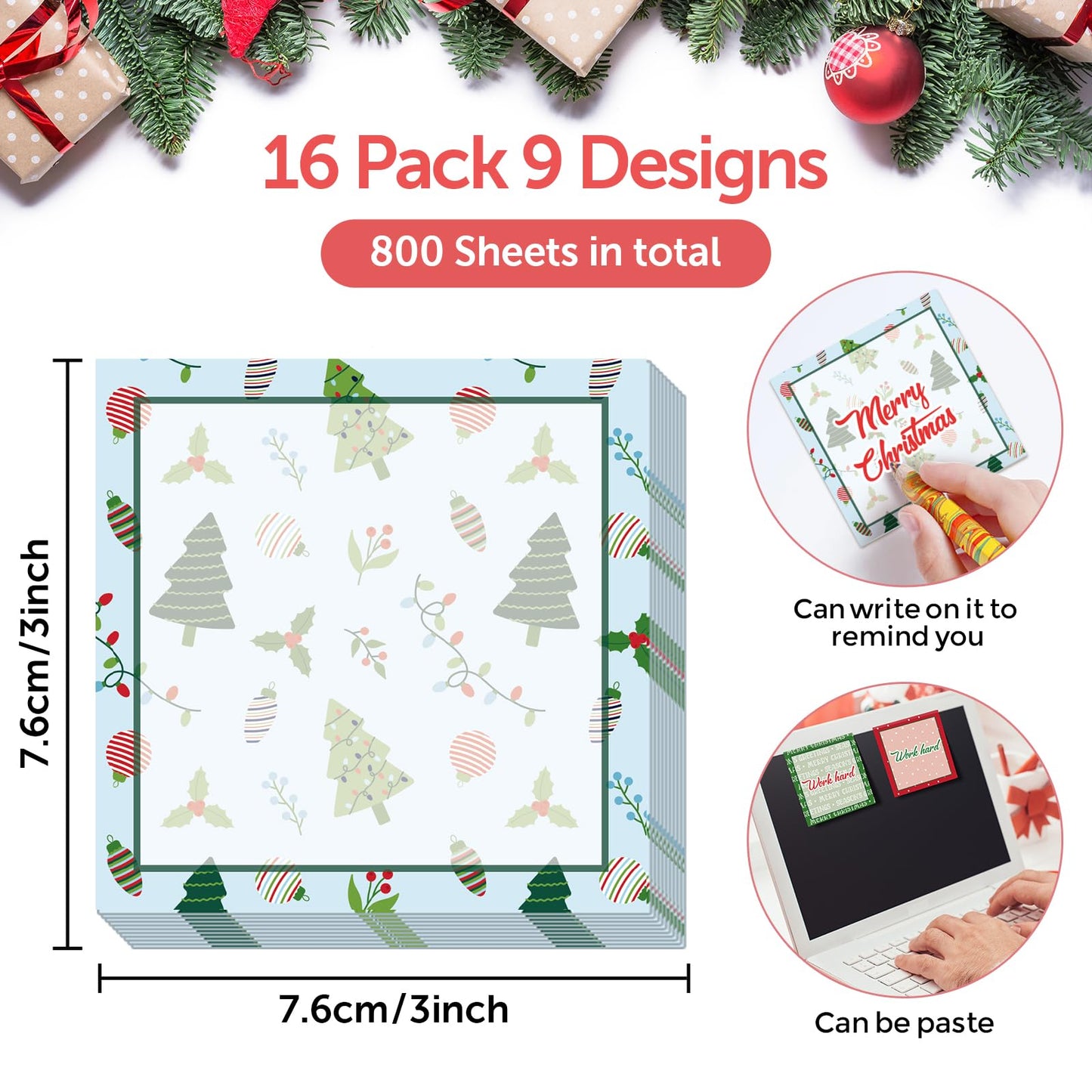 9 Pieces Christmas Sticky Note Self-Adhesive Merry Christmas Note Pads with Christmas Tree Christmas Lights Balloon Memo Notes for Xmas School Office Home Supplies Students Teachers Present