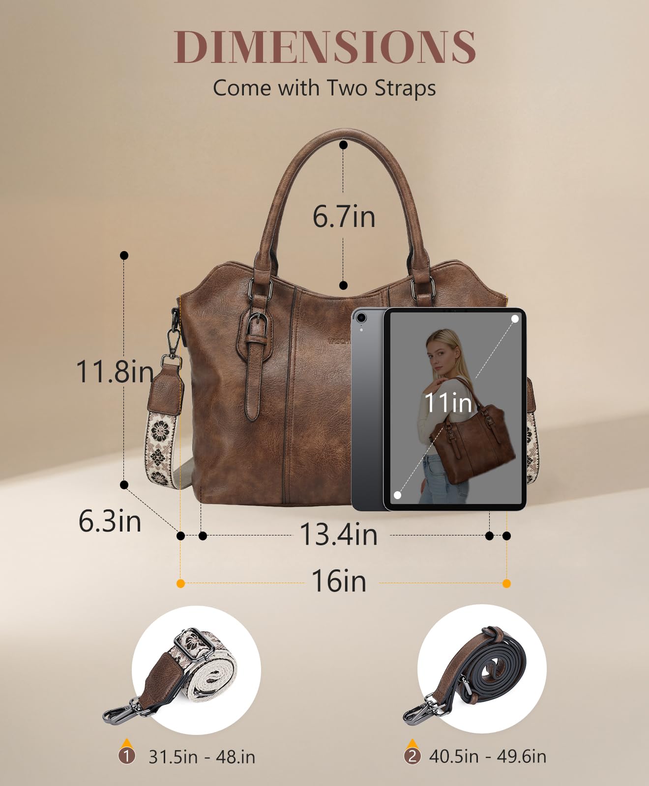 VASCHY Hobo Bags for Women, Vegan Leather Top Handle Satchel Shoulder Purse Handbag Purse with Crossbody Guitar Strap Coffee