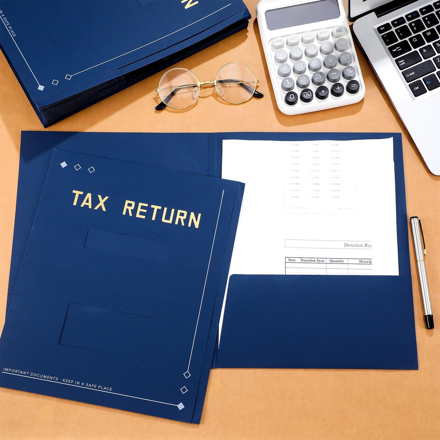 Mooliwe 100 Pcs Blue Tax Return Folders Bulk 9 x 11.25 Inches Income Tax Organizer with Side Staples Double Windows Paper File Pocket Document Folders for Accountants Business Office Supply