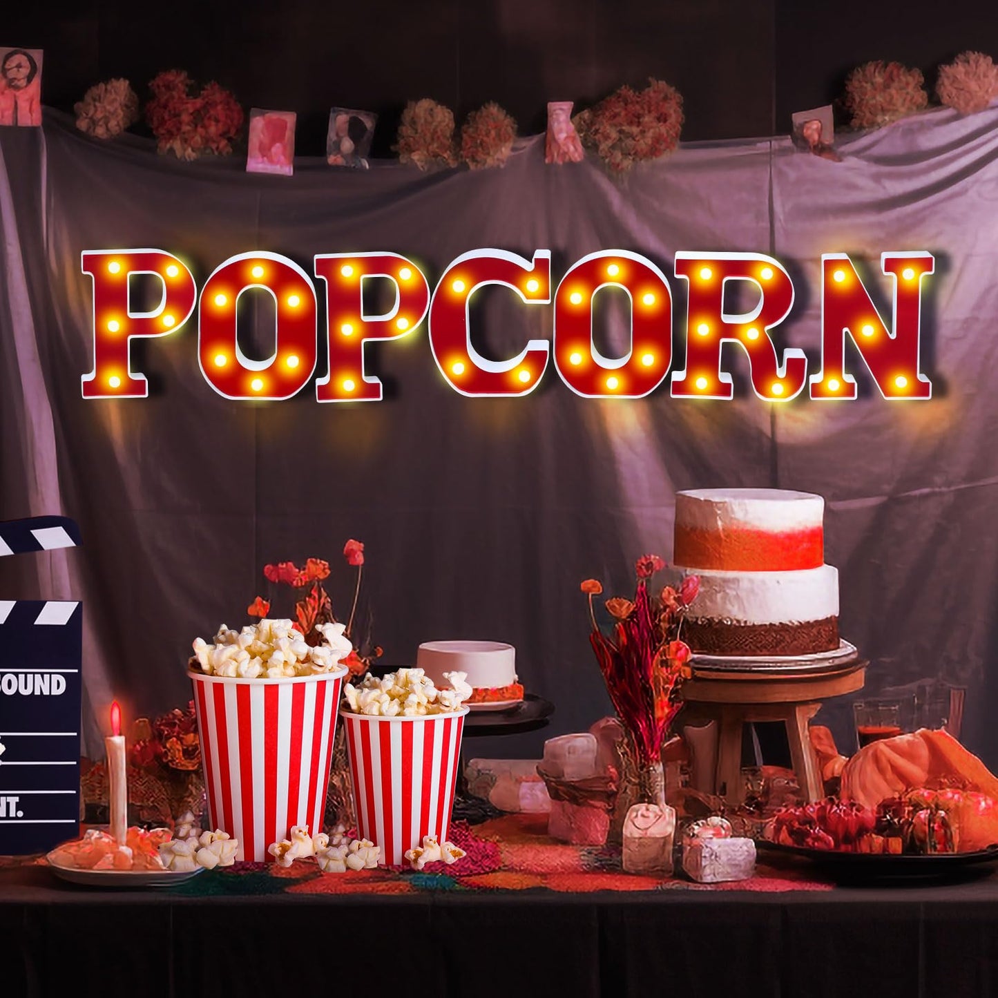 Aurelema Popcorn 6.3" Light up Letters Sign Party Decorations Battery Powered Marquee Lighted Sign LED Alphabet Letter Lights for Christmas Night Party Birthday Home Tabletop Decor Supplies Xmas Gift