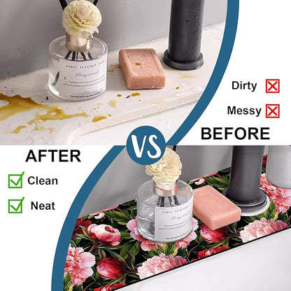 Blooming Peony Sink Splash Guard Pink Peony Flowers Faucet Absorbing Mat Fast