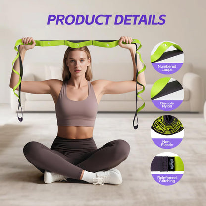 Non Elastic Stretching Strap with Loops - Yoga Straps for Physical Therapy, Durable Stretch Bands for Exercise, Flexibility Training, Hamstring & Leg Stretcher, Yoga/Pilates/Gymnastics - Green