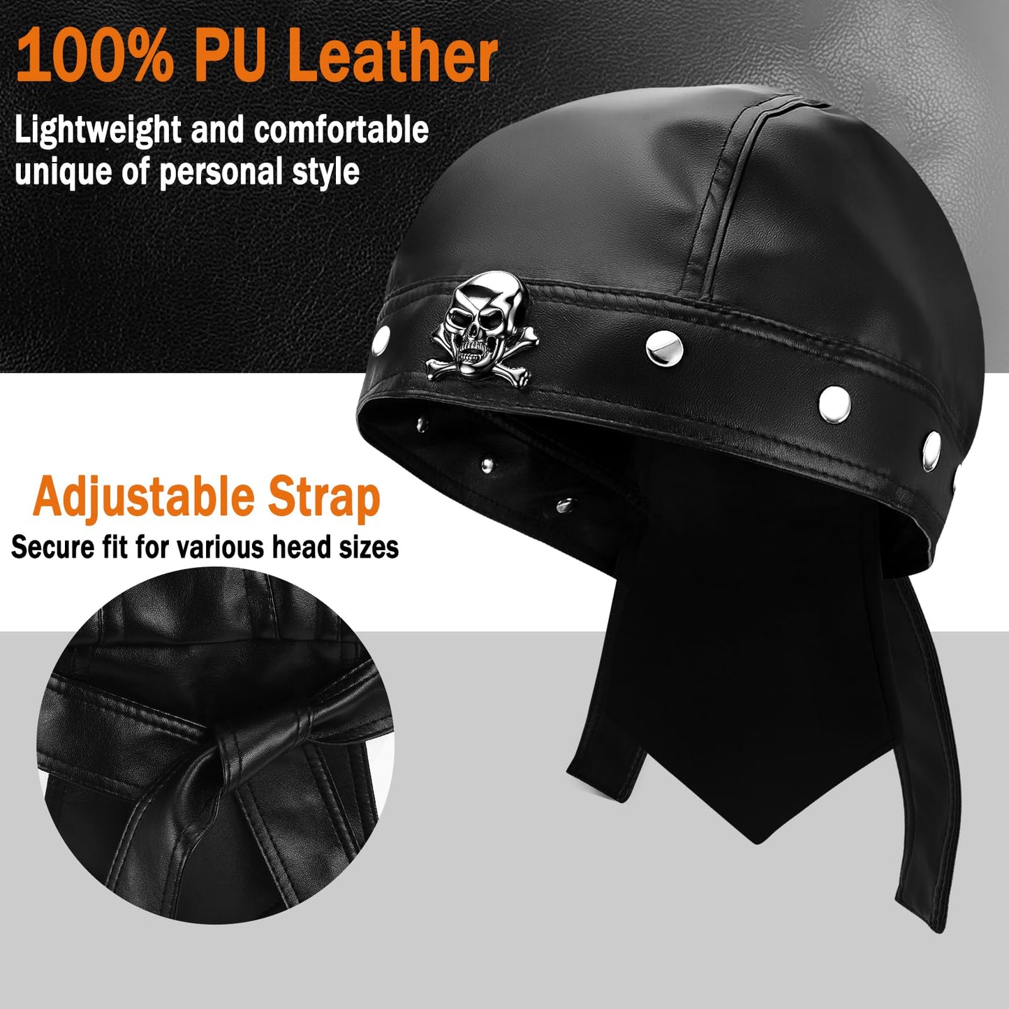 EYEOO Biker Cap Leather Head Wraps for Women Black Bandana Skull Cap Adjustable Motorcycle Biker Black Leather Bandana Motorcycle Accessories for Women Stylish Biker Head Wrap Doo Rag