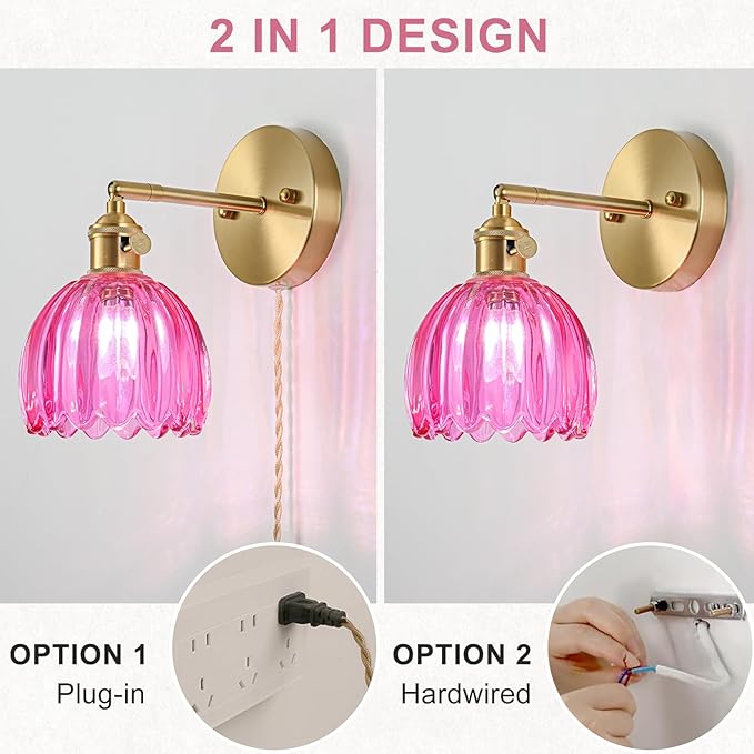 Plug in Wall Sconces Set of 2, Vintage Wall Sconce Light with Tulip Ruby Red Glass Lampshade, 180° Adjustable Wall Sconce with Switch and Plug in wall lamp Cord, Gold Wall Light Wall Decor Set of 2