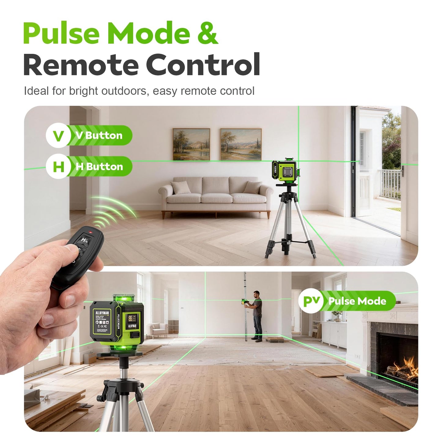 Alloyman Laser Level with Tripod, 4 × 360° Self Leveling Laser Level, Nivel Laser Green Line Lazer Leveler Tool for Picture Hanging, Home Renovation, Indoor Project, 2*Battery&Carrying Bag Included