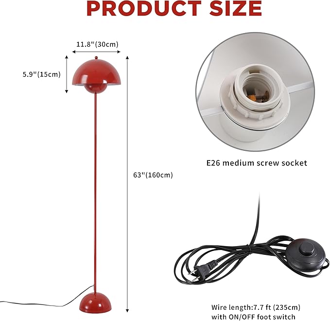 Modern Flowerpot Floor Lamp for Living Room, Industrial Tall Standing Lamp for Bedroom, Metal Shade Reflecting Light Reading Floor Lamp for Bedroom, Nursery Room, Corner(Dark Red)