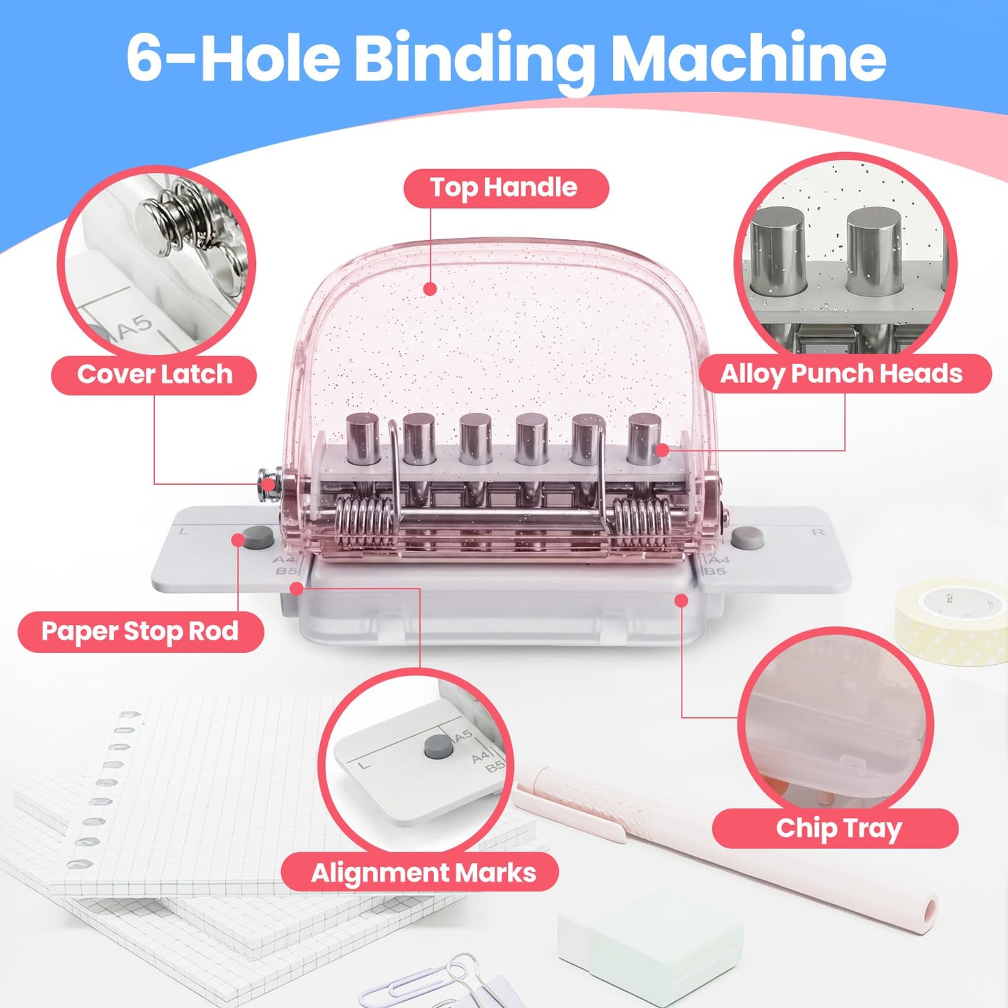 6-Hole Punch for Planners Essential,Mini Portable Paper Puncher for A5 A6 Personal Size Binder for DIY,Craft,Scrapbooking,Planner Inserts,Loose Leaf,Notebook,Journaling,for Office Home School