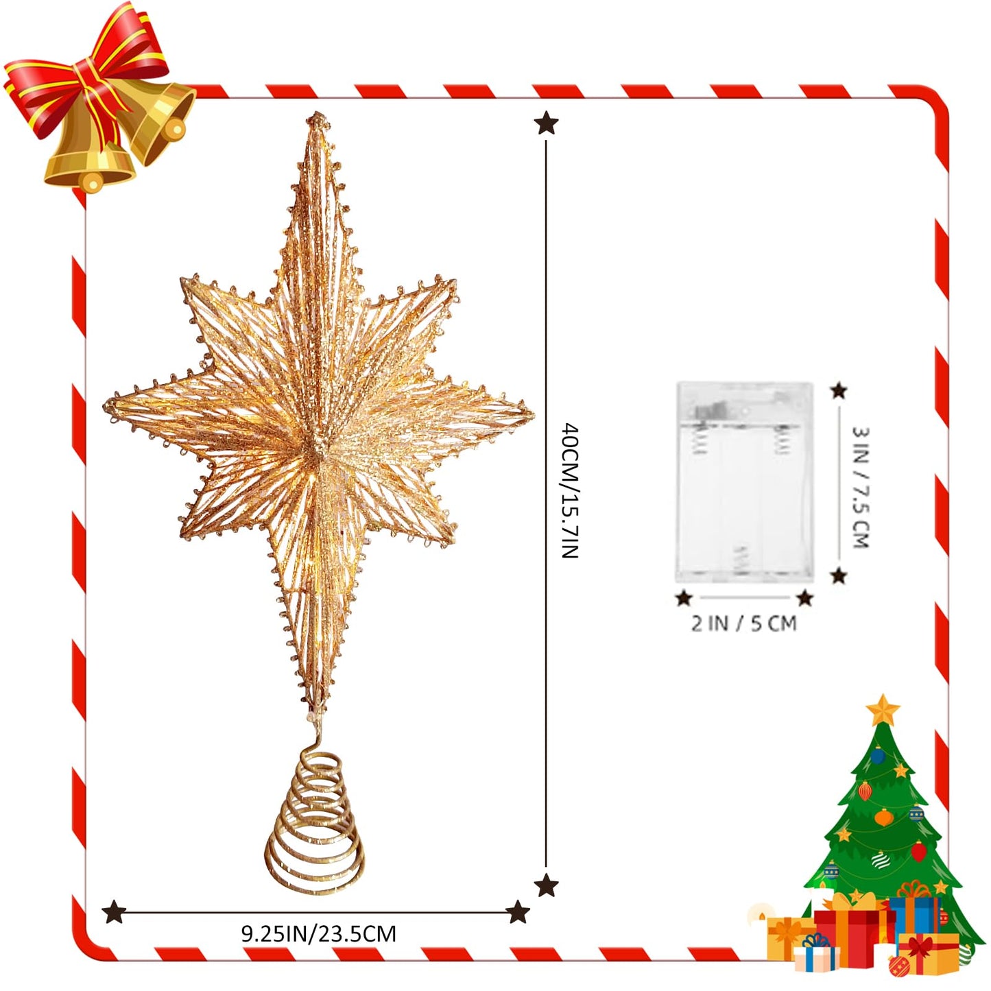 Christmas Tree Topper 15" Golden Glittered Star Tree Topper with 30 LED Lights Xmas Tree Topper Star for Xmas Decorations Ornaments Holiday Party Indoor Decor