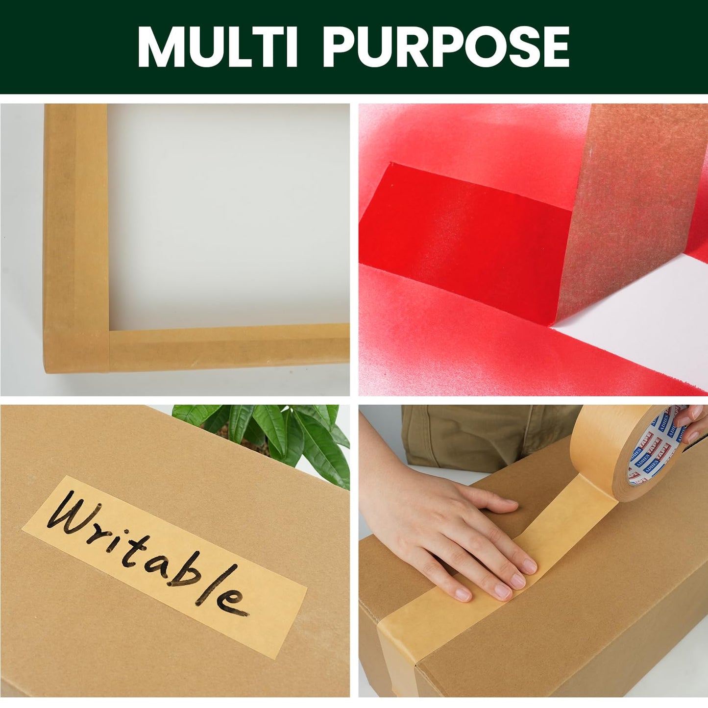 ADHES Kraft Paper Tape, 2 Inch x 44 Yards, 6 Rolls Writable & Uncoated Heavy Duty Paper Tape, Biodegradable Brown Packing Tape for Sealing, Packaging & Moving