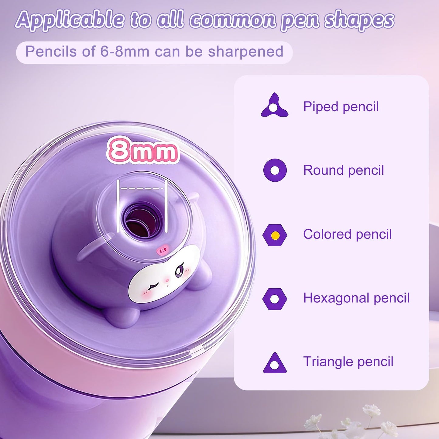 Rechargeable Automatic Electric Pencil Sharpener, Auto in & Out 3 Adjustable Thickness, Type-C Charging, Cute DIY Stickers, for 6-8mm Pencils, 3s Fast Sharpening, Ideal for School & Home (Purple)