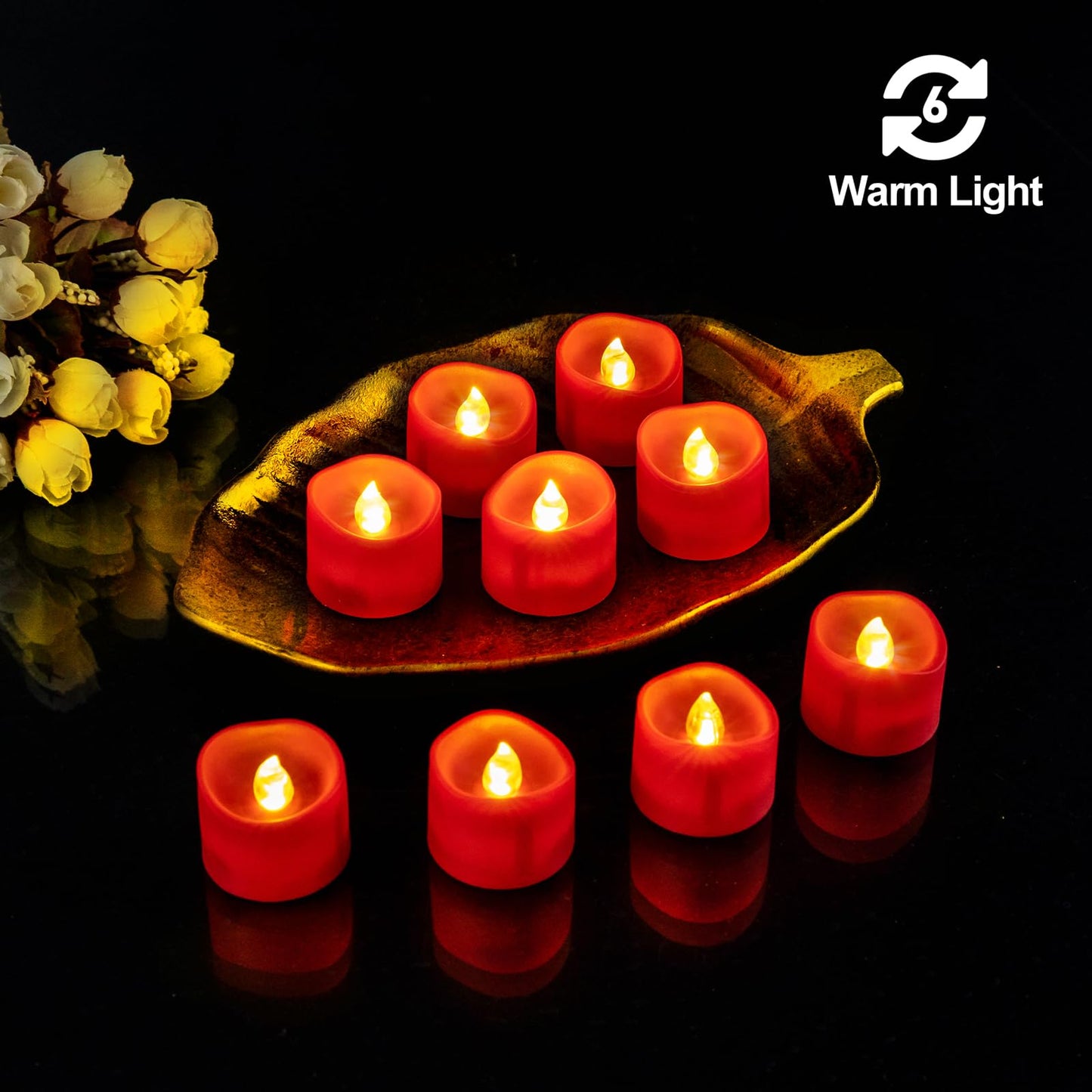 Windshell Red Base Warm White Flickering Flame LED Tea Lights, 6H Timer (No Remote), Battery Operated Flameless Tealight Candles for Christmas Holiday Home Decor, 12 Pack