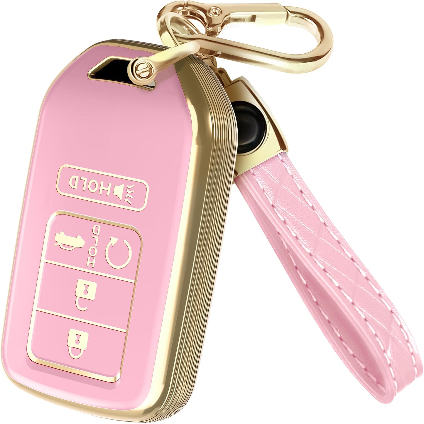 Lucrum Compatible with Honda Key Fob Cover & Leather Keychain - TPU Keyfob Case for Accord Civic CR-V HR-V Pilot Ridgeline Crosstour Fit, For 5 Button Remote (2015-2021) - Pink and Gold