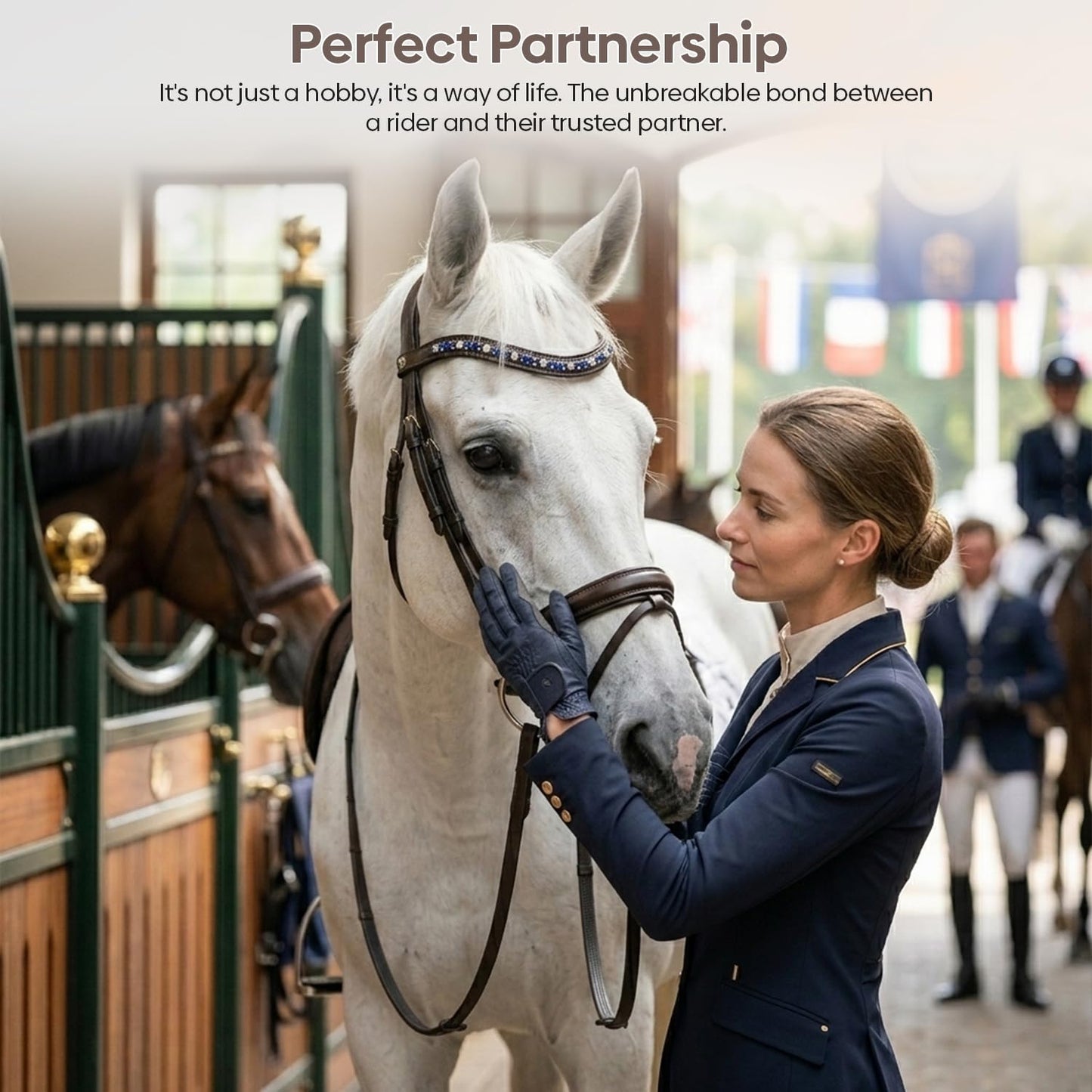 Equine Care Leather English Horse Bridle with Reins, Full Size Havana Brown, Raised Fancy-Stitched Hunter Show Bridle with Blue & Clear Crystal Browband, Padded Crownpiece, Stainless Steel Hardware.