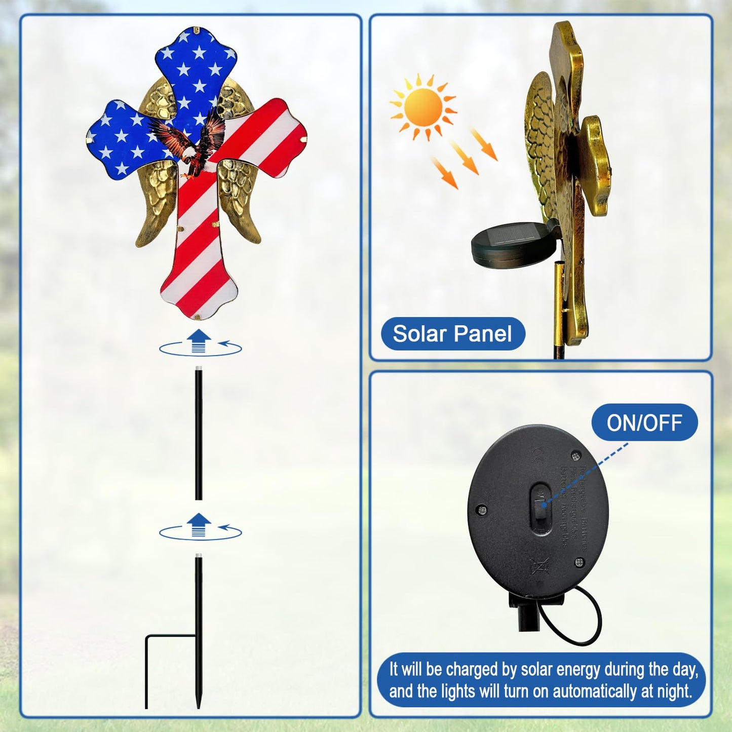 Hokfirm 4th of July Decorations Outdoor,Solar Cross for Cemetery Grave,Cemetery Decorations Yard Patio Decor,Patriotic Eagle Cross Solar Lights Outdoor Pathway,Lawn,National Day Remembrance Gifts