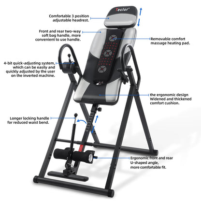 Teclor Inversion Table,Advanced Heat and Massage Function,Strength Training Inversion Table for Back Pain Relief,Heavy Duty Inversion Table 350 lbs Capacity with Wider and Thickened Backrest