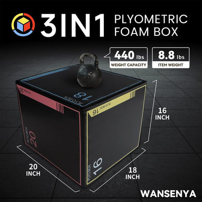 Wansenya 3-in-1 Dense Foam Plyometric Jump Box,20"x18"x16",Stable Non-Slip Box Jumps for Home Gym,Exercise Foam Plyo Box for Fitness Training-Step-Ups,Split Squats,Dips, Box Jump Cube