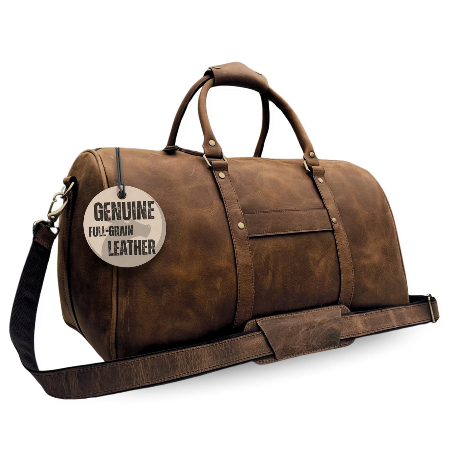 MUSKIE Leather Duffel Bags for Men & Women, 21 Inch Full-Grain Buffalo Leather Distressed Travel Bag with Shoe Compartment & Shoulder Strap