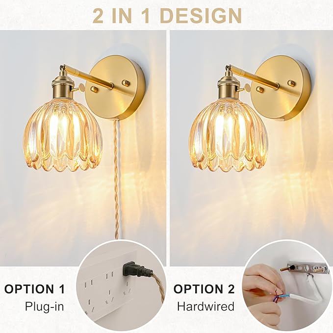 Plug in Wall Sconces Set of 2, Vintage Wall Sconce Light with Tulip Amber Glass Lampshade, 180° Adjustable Wall Sconce with Switch and Plug in Wall Lamp Cord, Gold Wall Light Decor Set of 2