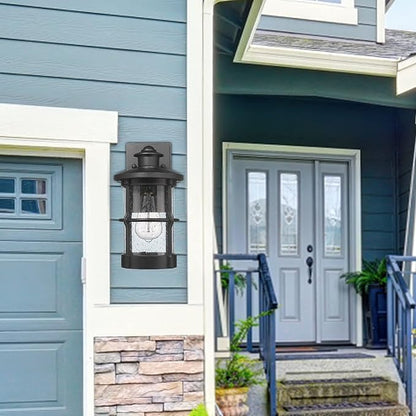 Outdoor Wall Sconces, Dusk to Dawn Outdoor Lights, Exterior Wall Mount Lighting, Entryway Light Fixture in Black Finish with Seeded Glass