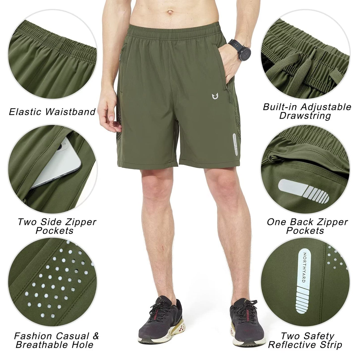 NORTHYARD Men's Athletic Running Shorts Gym Workout 7"/9"/5" Quick Dry Lightweight Sports Basketball Tennis 3 Zipper Pockets ArmyGreen L