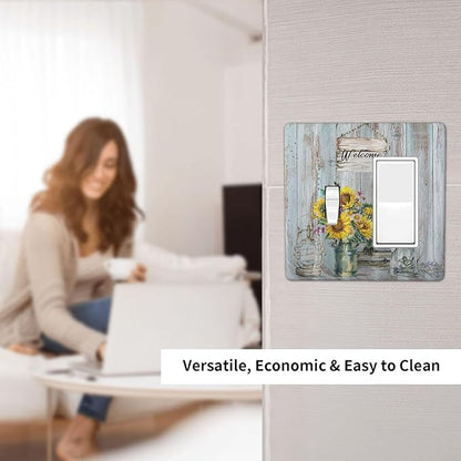 Sunflower Vintage Barn Wooden 2 Gang Light Switch Covers Sun floral Single Toggle Rocker Combo Wall Plate Electrical Faceplate Decorative Switchplate Farmhouse Home Livingroom Decor