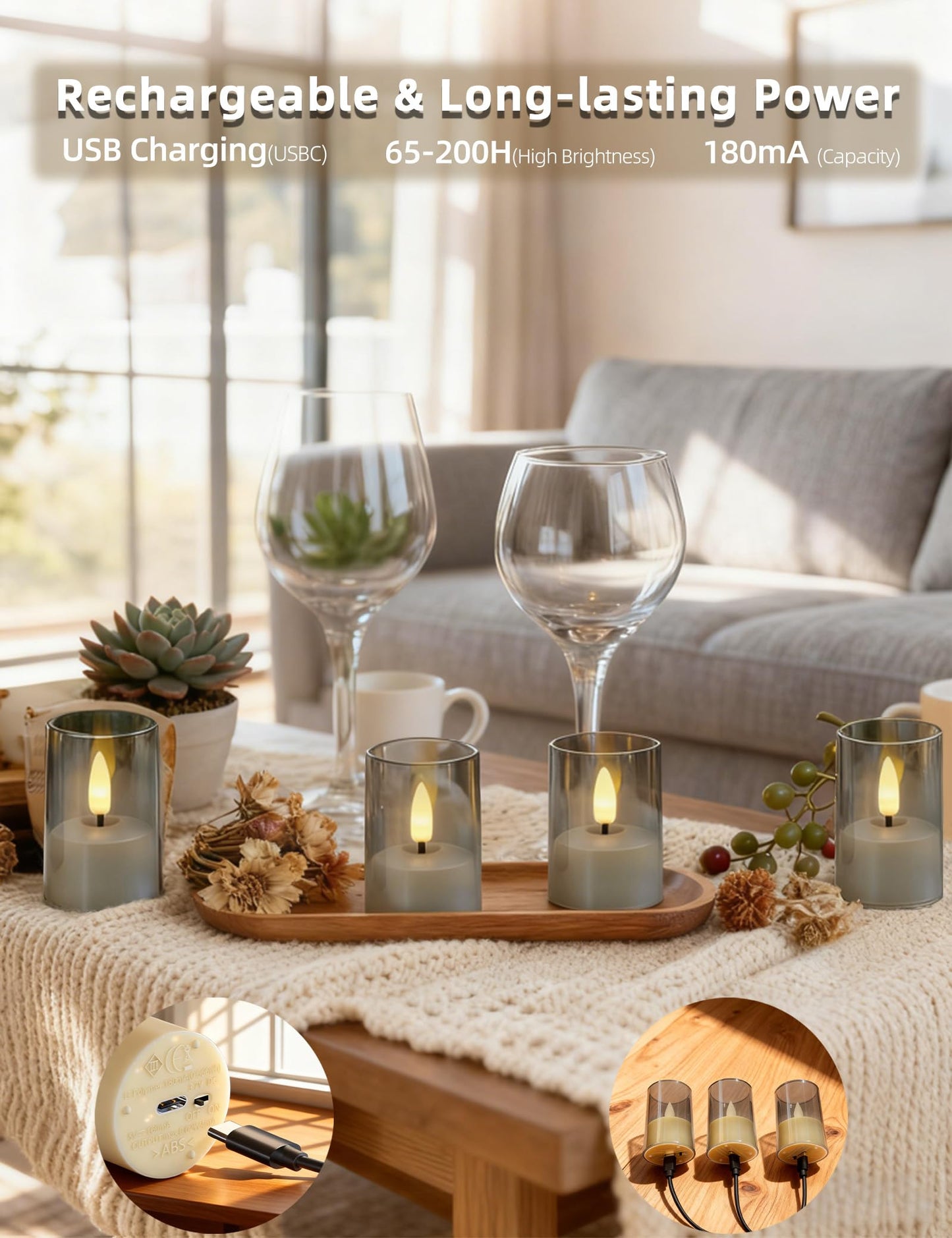 Utwickeln Rechargeable Flameless Tea Light Candles with Remote&2-8H Timer,6-Pack,USB-C,LED Tea Lights for Soccer Fan Party Decor,Home,Wedding Reception,Dinner Party,Living Room & Hotel,Gray Acrylic