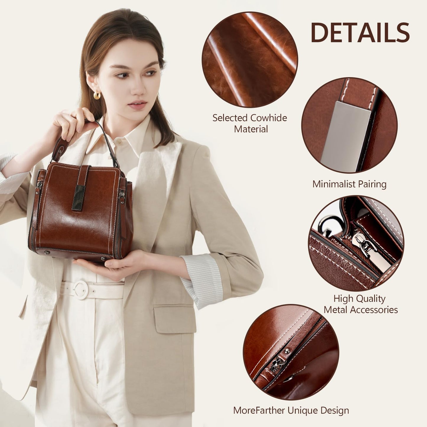 MoreFarther Genuine Leather Crossbody Bags for Women, Genuine Leather Purses Bucket Bags Shoulder Bag with Adjustable Shoulder Straps (Caramel)
