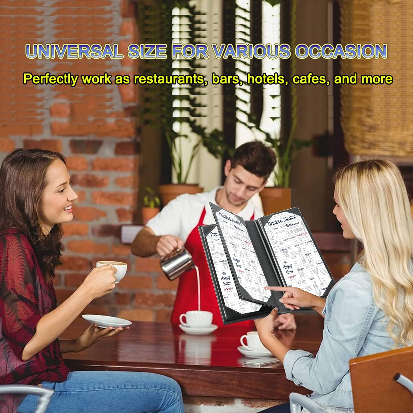 WFD.L 3 Packs Leather Menu Holder for 4.25x11 inch menus, Menu Covers Six Views Menu Covers for Restaurant Coffee Bars Hotel, Restaurant Covers 6 Views