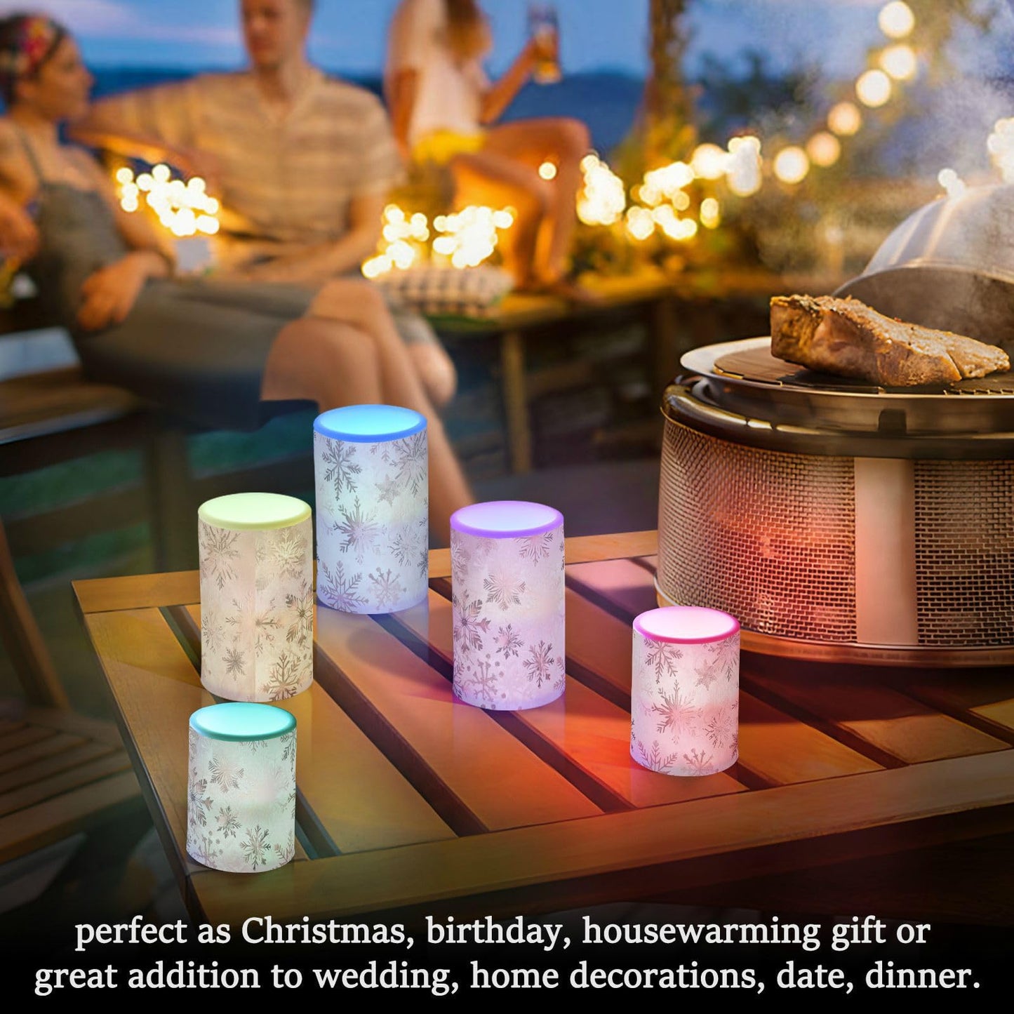 senya Christmas Lights Flameless Candles Seamless Pattern Rose Gold Snowflakes Pillar Candles Set of 2 Battery Operated Remote Control Warm Lights Home Decor