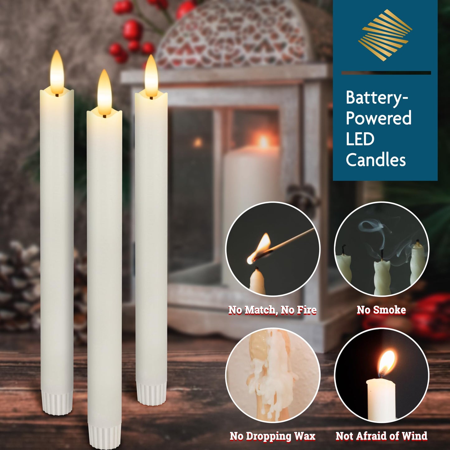 SEHNSY Flameless Taper Candles with Remote, Real Wax Battery Operated LED Candles Set with 3D Flickering Flame, 9.6" Realistic Dripless Candlesticks for Wedding Home Decor, 3 Pack White