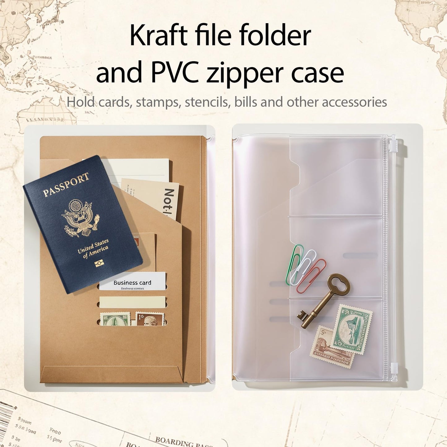 Travelers Notebook Accessories Kit - Kraft File Folders, PVC Zipper Pouches, Pen Holders, Binder Clips, Elastic Bands for Travel Journal Organizer(2 Pack, A5 Size)