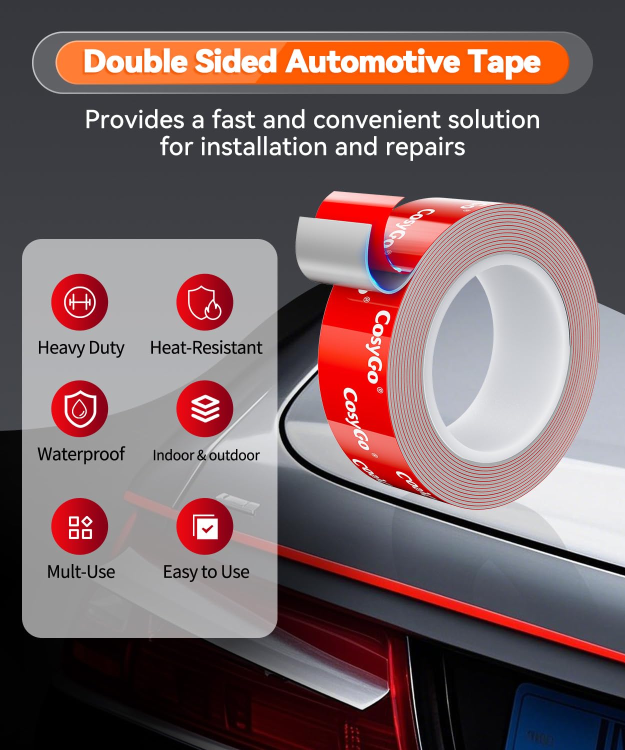 Cosygo Double Sided Tape Heavy Duty, 15FT Outdoor Heat Resistant Automotive Waterproof Mounting Tape, 1.2In Width Super Strong Adhesion Foam Tape
