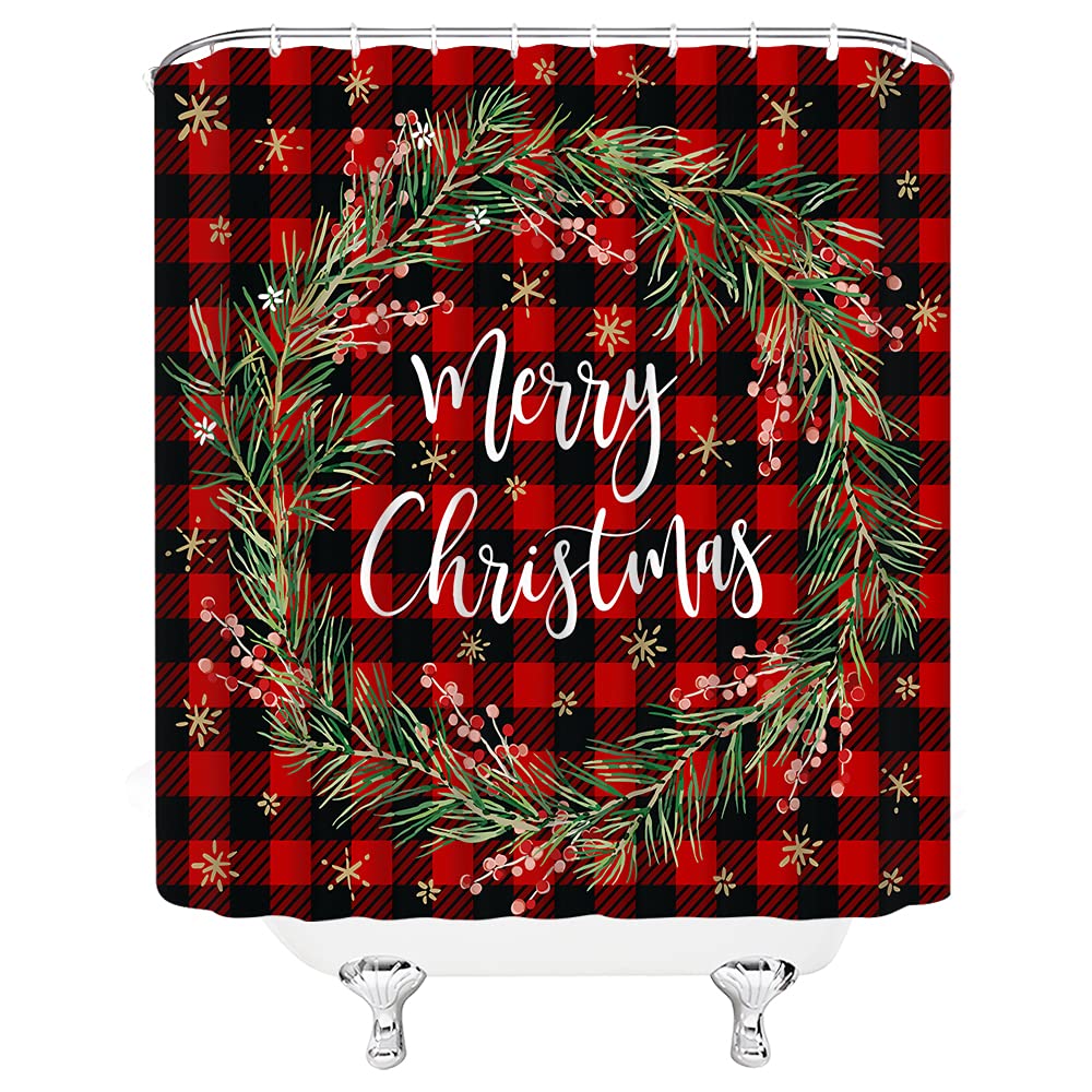 Merry Christmas Shower Curtain Xmas Garland Holly Wreath Snowflake Red Checkered Plaid Berry Winter Holiday Happy New Year Fabric Bathroom Decor Set with Hooks（70" WX70 H）