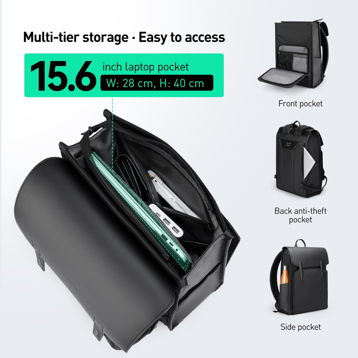 Muzee Leather Backpack for Men and Women, Minimalist Commuter Backpack Fits for 15.6 Inch Laptop, Slim Laptop Backpack with Magnetic Clasp