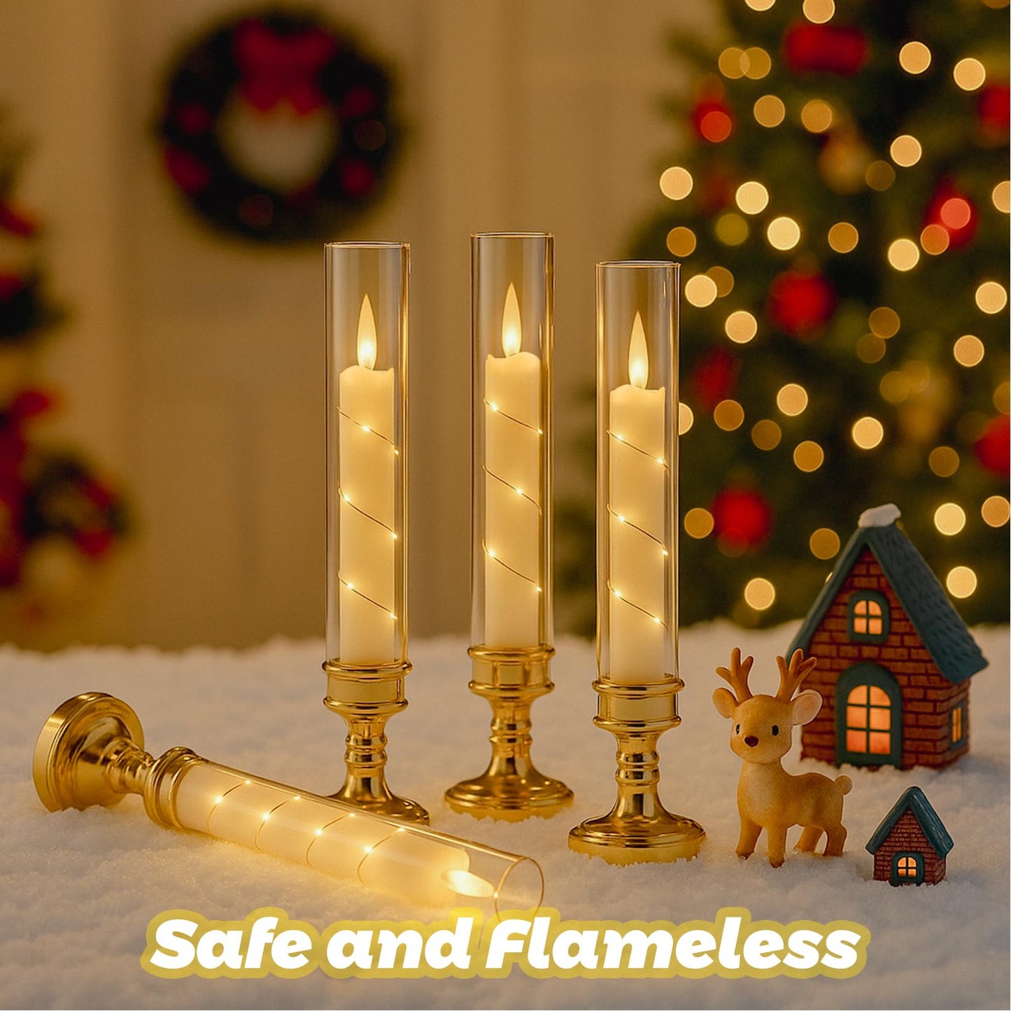 Prerish 6PCS Flameless Candles with Timer, Flickering Fake Electric LED Candles for Romantic Ambiance, Battery Operated Candles, Centerpiece Table Decorations, Wedding, Halloween, Christmas (Gold)