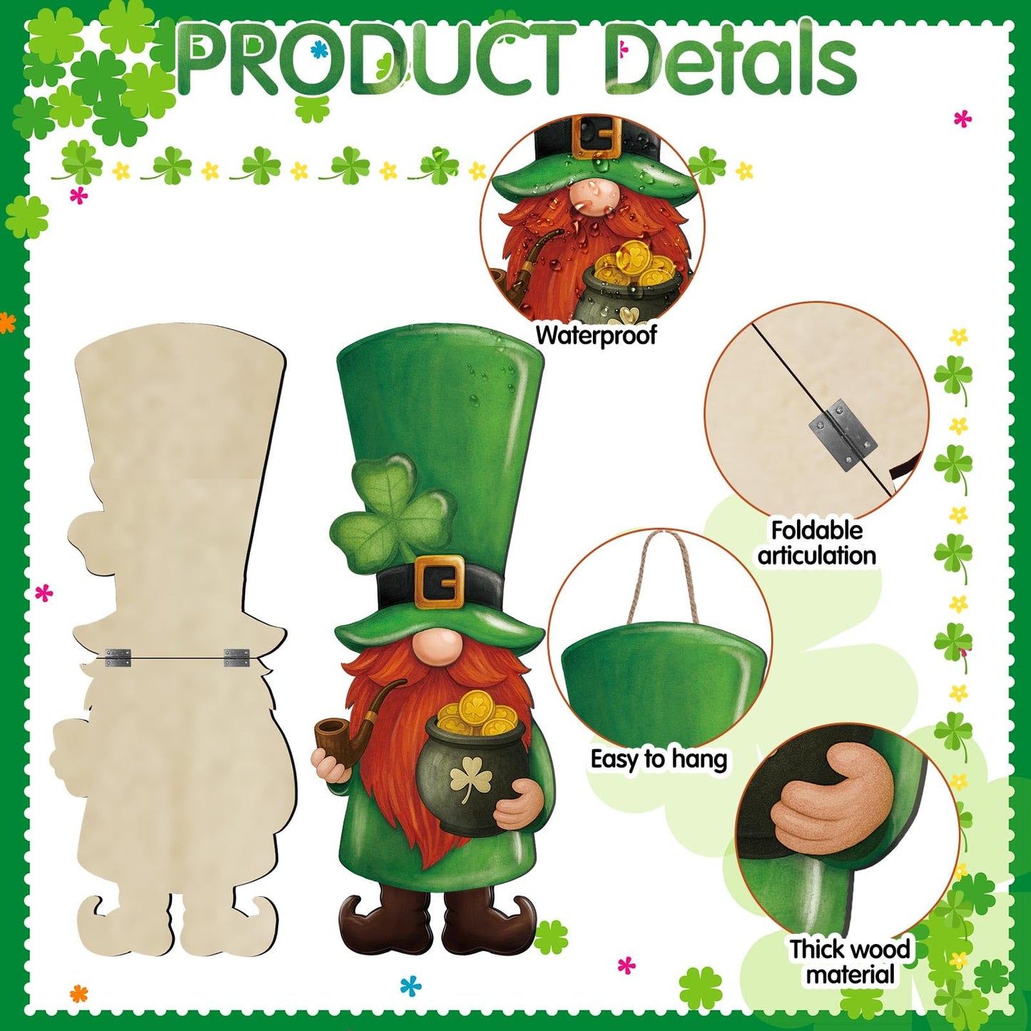 Thyle 2 Pcs Wooden St. Patrick's Day Gnomes Sign 32.3 x 12.2 Inch Irish Hanging Gnomes Front Door Decor Shamrock Lucky Green Hanger for Outdoor Indoor Front Porch Home Wall Supplies