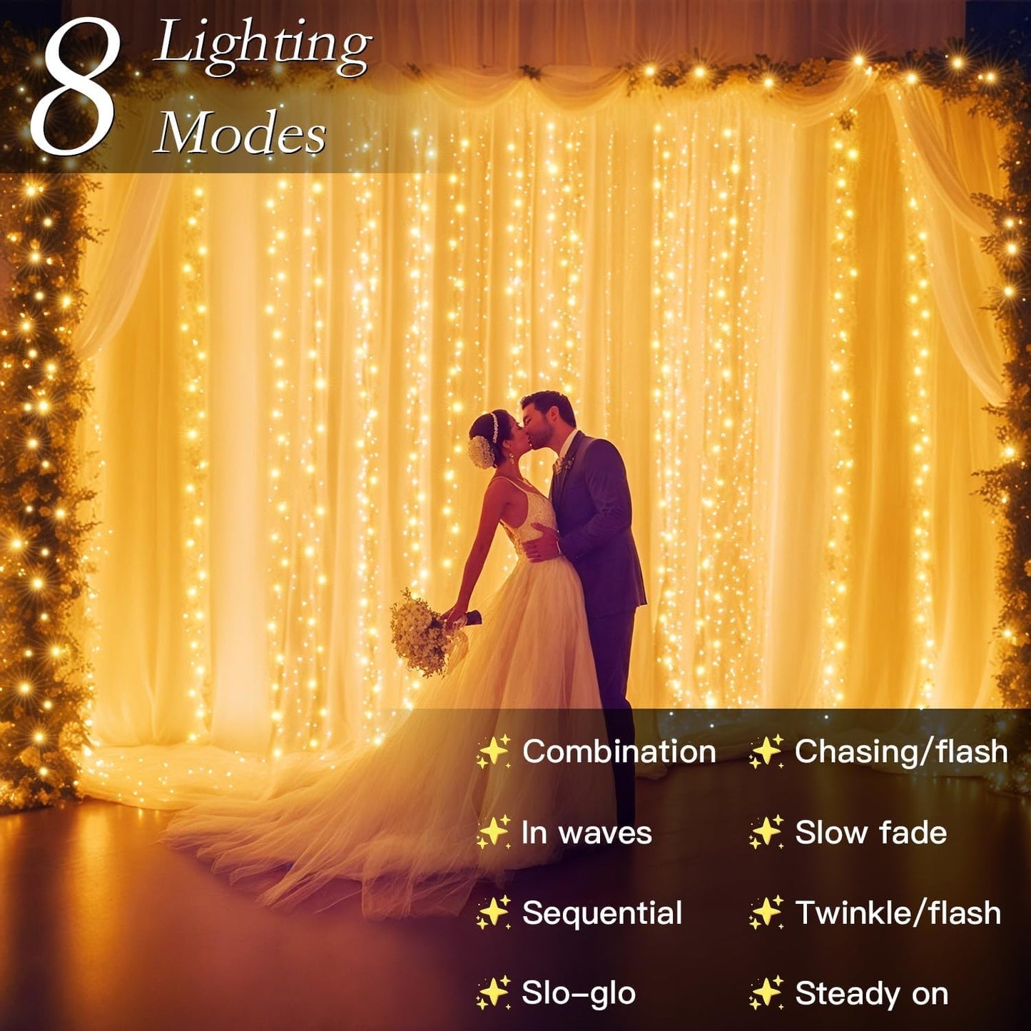 Soagrc 200 LED Warm White Curtain String Lights 9.8x6.6FT, Plug in Fairy Lights with 9 Hooks, Dimmable, Timer & 8 Modes, IP44 Waterproof, Bedroom Wall Wedding Party Christmas Indoor Outdoor Decor