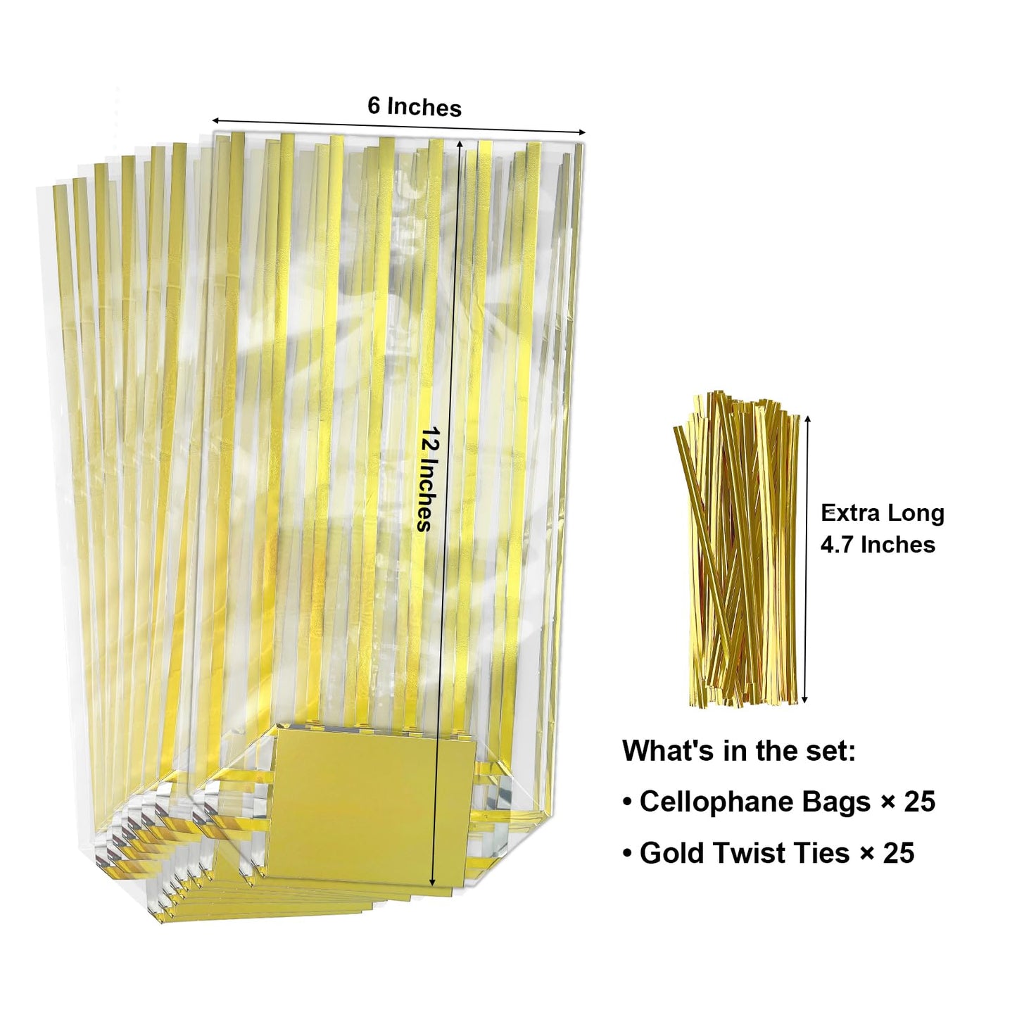 EKAPACKAGING 25 Pcs 3.21x2.42x12in Flat Bottom Cellophane Bags (6x12in Flat Size), Metallic Gold Stripe Treat Bags with Ties, Heat Sealable Clear Cello Bags for Cookies