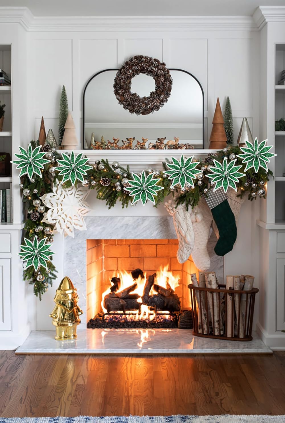Briful 3PCS Green Poinsettia Artificial Christmas Flowers - 25.6" Long Stem Metallic Glitter Fabric Poinsettias Christmas Flower with Fur Edges for Xmas Home Wreath Garland Arrangement DIY Decor