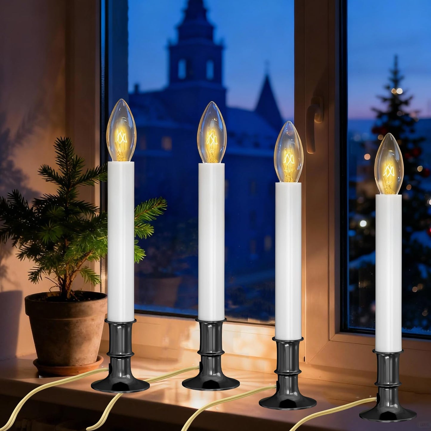Romasaty Electric Window Candle Lamp, Christmas Window Candles Lights with Nickel Plated Base and C26 Light Bulb, Plug in Candles Lamps for Christmas Home Table Decor- 4 Pack