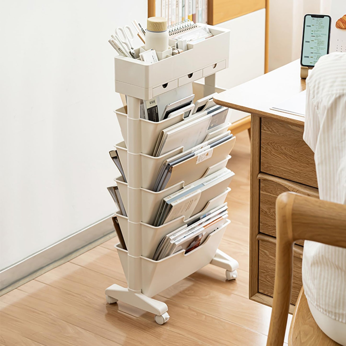 5 Tier Rolling Book Cart Multi-Functional Movable Storage Bookshelves with Lockable Wheels for Study Office Library Classroom, White (Whtie, with Wheel)