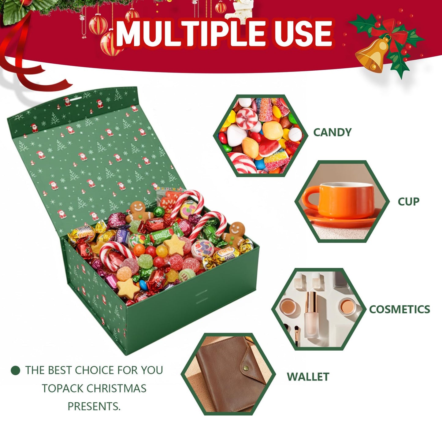 Dimore Christmas Magnetic Gift Boxes with Lids, Collapsible Hardboard Gift Packaging, Red & Green Holiday Boxes for Presents, 4 Pack (Multiple Sizes) (4Pack Christmas 9.5"*6.9"*4.2")
